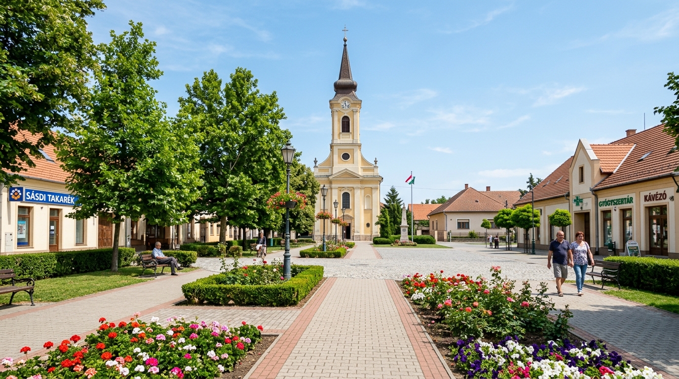 Sásd városközpontja a templommal